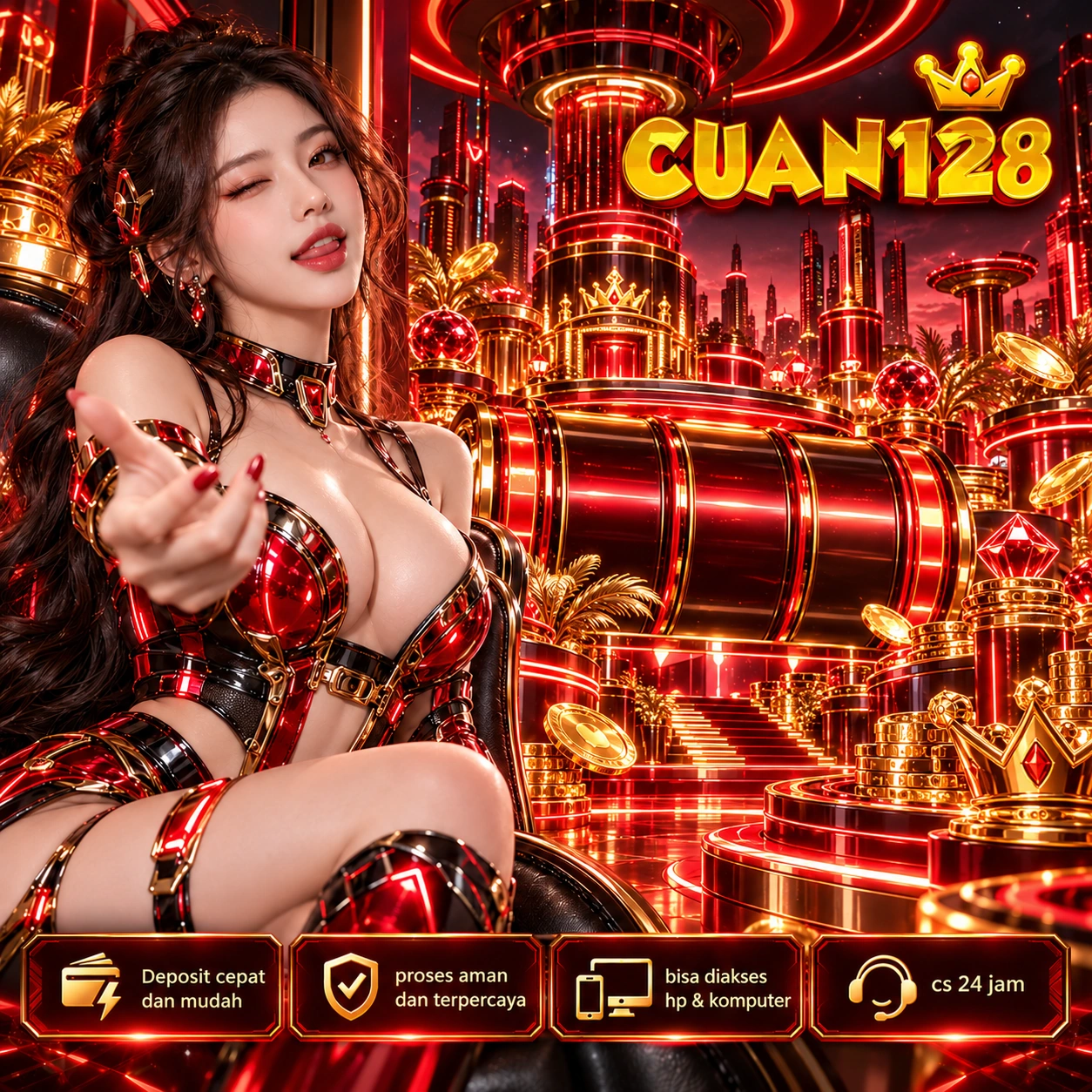 Banner CUAN128 bertema futuristik biru ungu dengan karakter rambut merah muda dan layar game